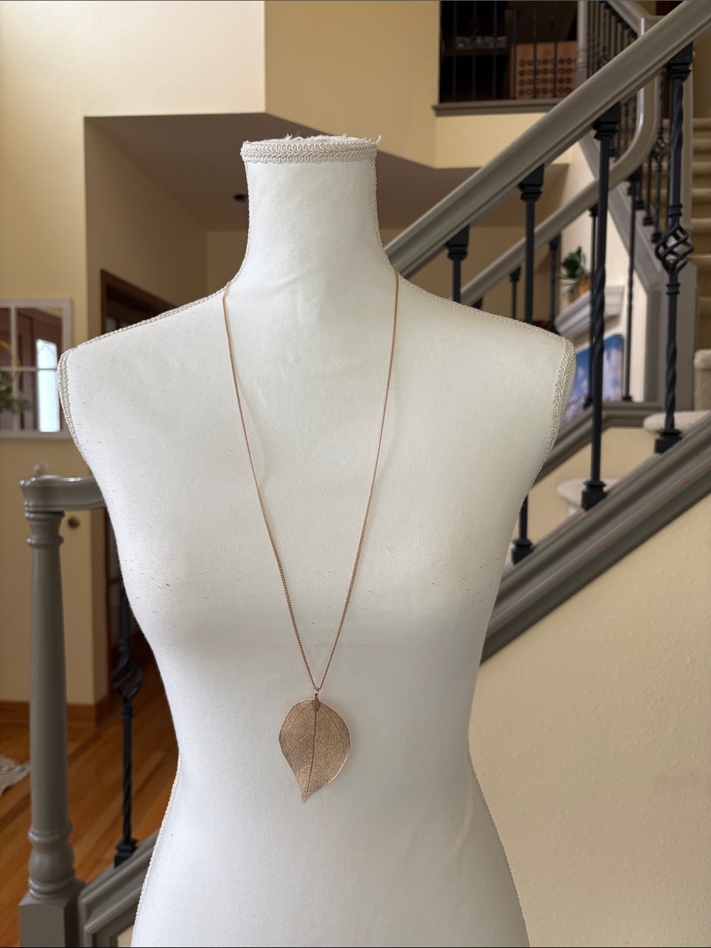 Long Leaf Pendant Gold Toned Necklace